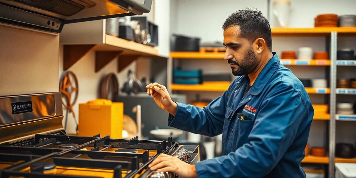 Al Raiyan technician inspecting a broken gas stove in abu dhabi